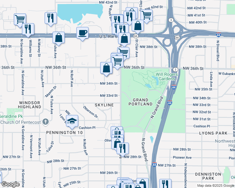 map of restaurants, bars, coffee shops, grocery stores, and more near 3701 Northwest 33rd Street in Oklahoma City