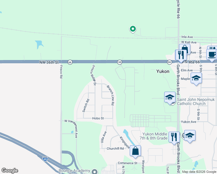 map of restaurants, bars, coffee shops, grocery stores, and more near 421 Branch Line Road in Yukon