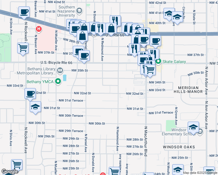 map of restaurants, bars, coffee shops, grocery stores, and more near 6214 NW 33rd St in Bethany
