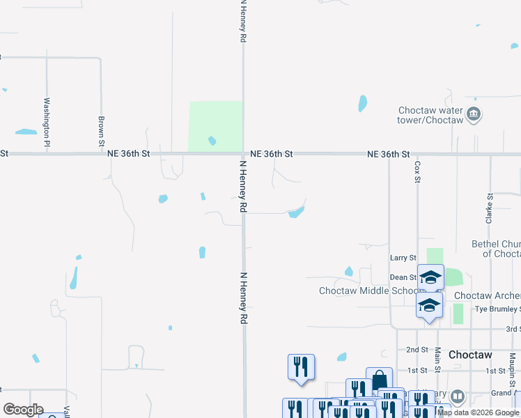 map of restaurants, bars, coffee shops, grocery stores, and more near 3454-3698 North Henney Road in Choctaw