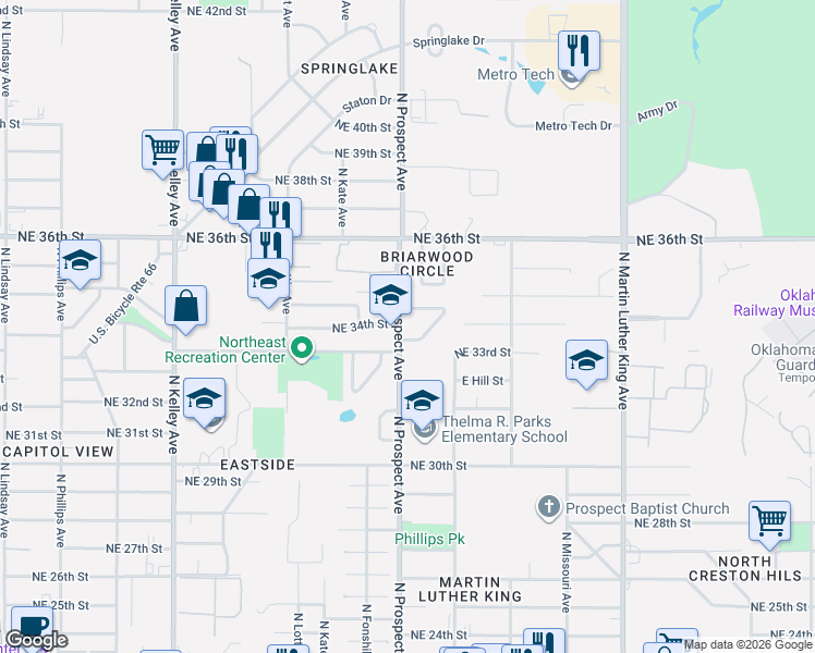 map of restaurants, bars, coffee shops, grocery stores, and more near 3412 North Prospect Avenue in Oklahoma City