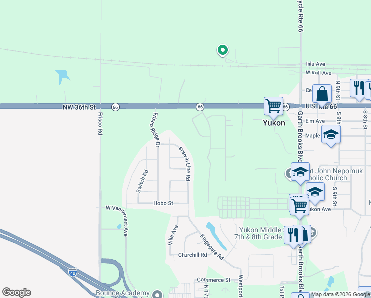 map of restaurants, bars, coffee shops, grocery stores, and more near 421 Branch Line Road in Yukon
