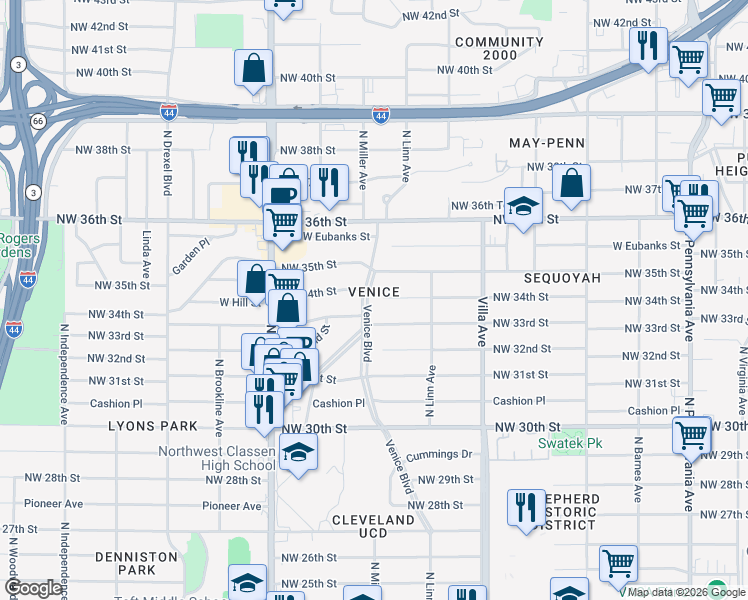 map of restaurants, bars, coffee shops, grocery stores, and more near 3416 Venice Boulevard in Oklahoma City