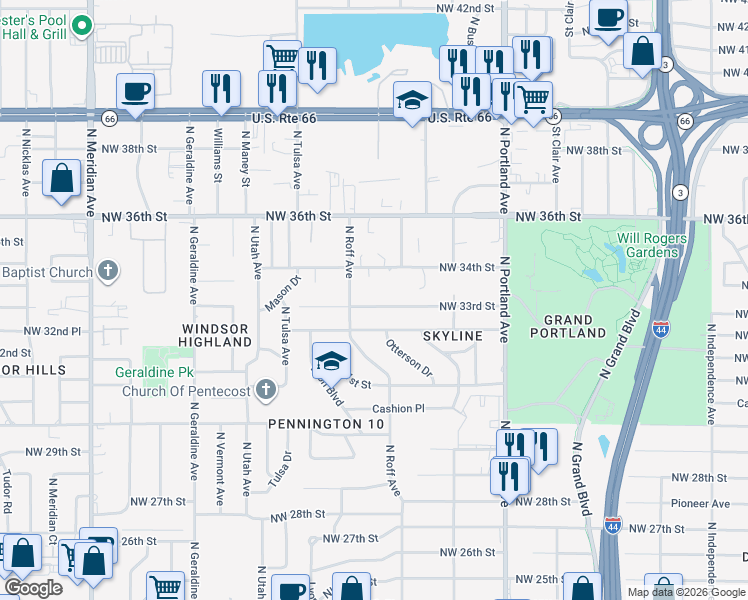 map of restaurants, bars, coffee shops, grocery stores, and more near 3925 Northwest 33rd Street in Oklahoma City