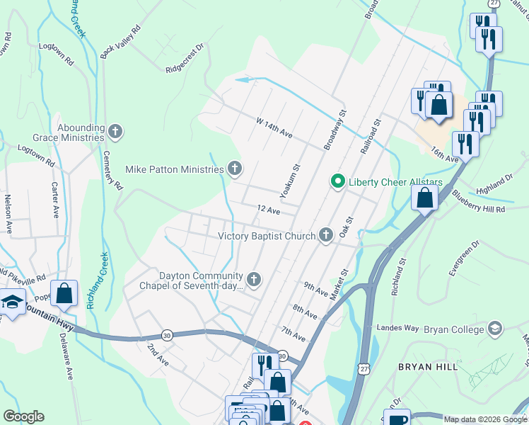 map of restaurants, bars, coffee shops, grocery stores, and more near 201 12 Avenue in Dayton