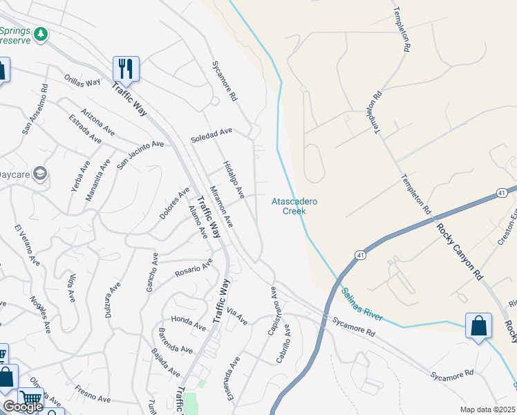 map of restaurants, bars, coffee shops, grocery stores, and more near 4855 Sycamore Road in Atascadero