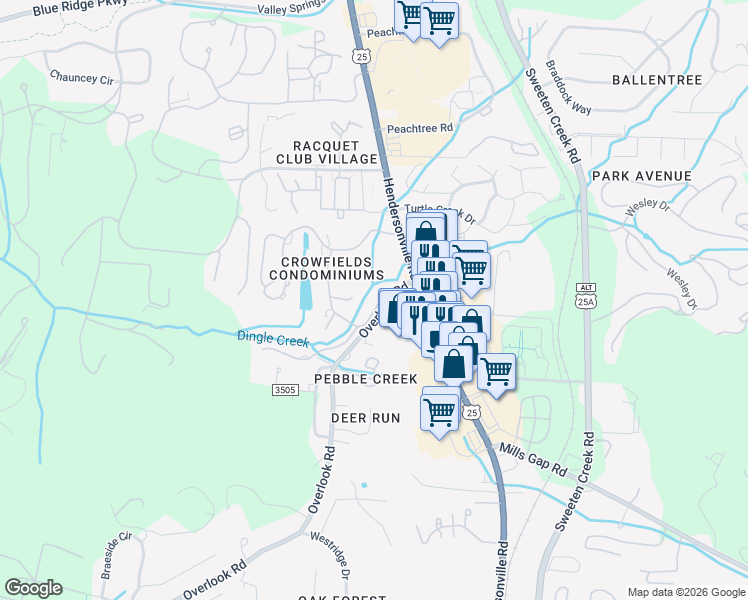 map of restaurants, bars, coffee shops, grocery stores, and more near 515 Crowfields Lane in Asheville