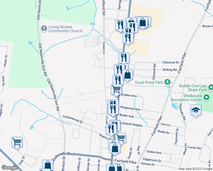 map of restaurants, bars, coffee shops, grocery stores, and more near 110 Wheeler Street in Shelbyville