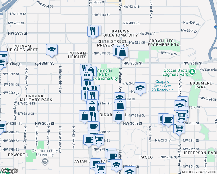 map of restaurants, bars, coffee shops, grocery stores, and more near 1132 Northwest 34th Street in Oklahoma City