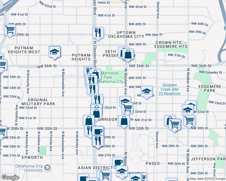 map of restaurants, bars, coffee shops, grocery stores, and more near 1132 Northwest 34th Street in Oklahoma City