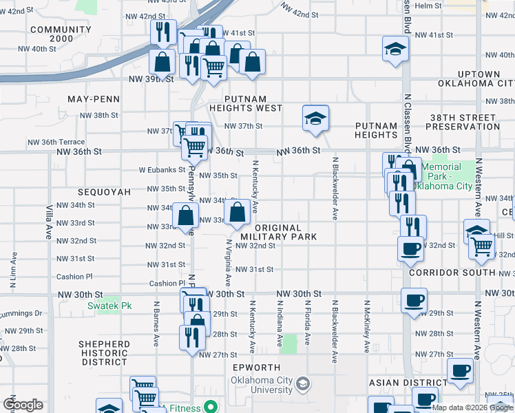 map of restaurants, bars, coffee shops, grocery stores, and more near 1832 Northwest 34th Street in Oklahoma City