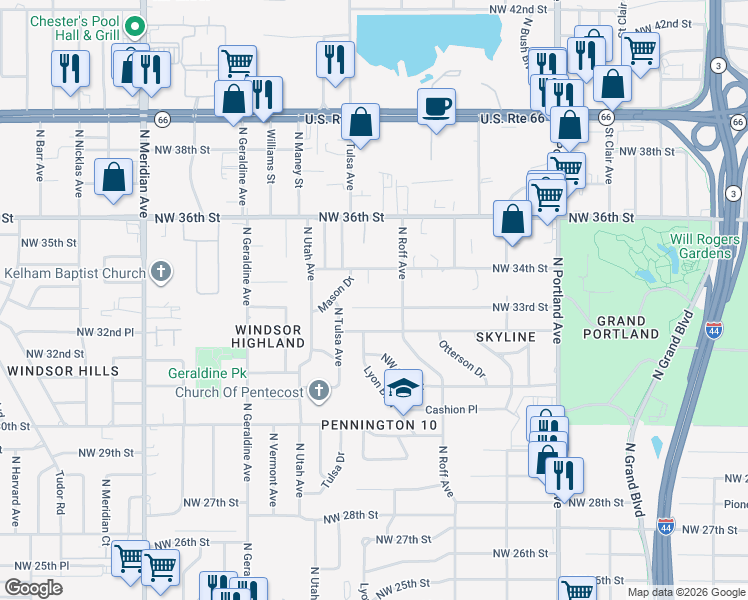 map of restaurants, bars, coffee shops, grocery stores, and more near 4029 Northwest 33rd Street in Oklahoma City