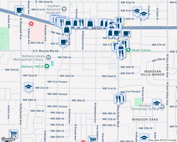 map of restaurants, bars, coffee shops, grocery stores, and more near 6214 Northwest 33rd Street in Bethany