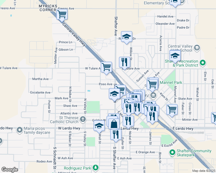 map of restaurants, bars, coffee shops, grocery stores, and more near 173 Poso Avenue in Shafter