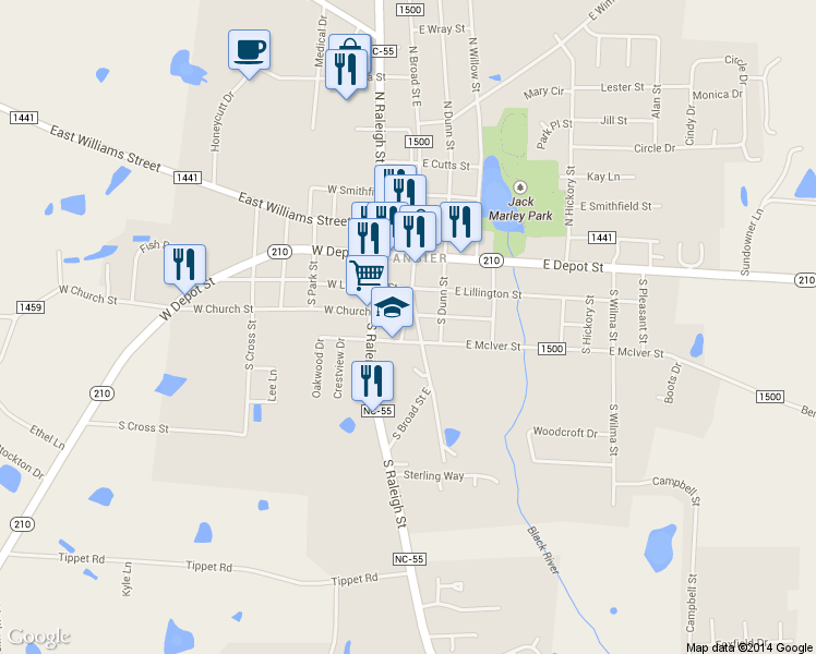 map of restaurants, bars, coffee shops, grocery stores, and more near 154 S Broad St E in Angier