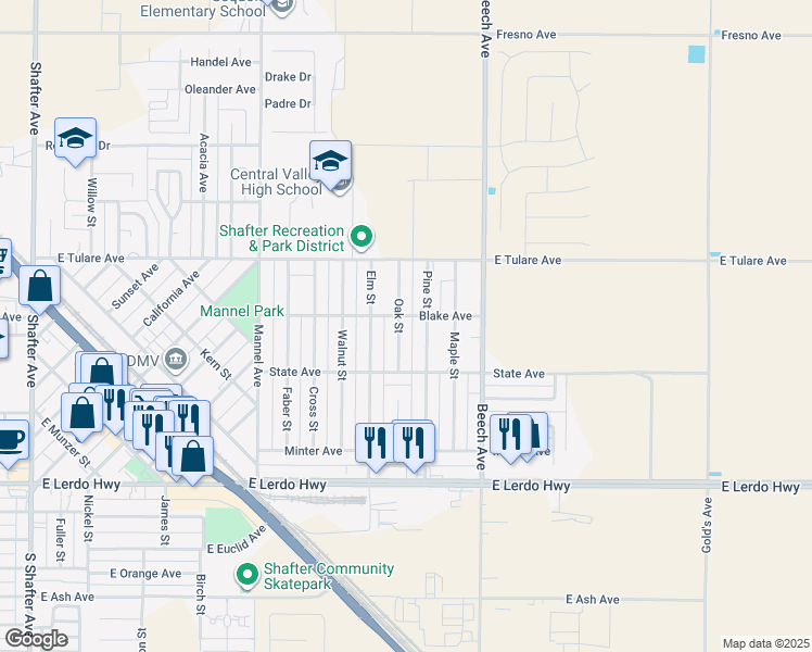 map of restaurants, bars, coffee shops, grocery stores, and more near 364 Oak Street in Shafter