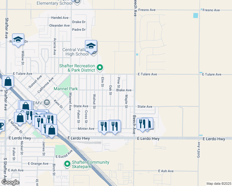 map of restaurants, bars, coffee shops, grocery stores, and more near 364 Oak Street in Shafter