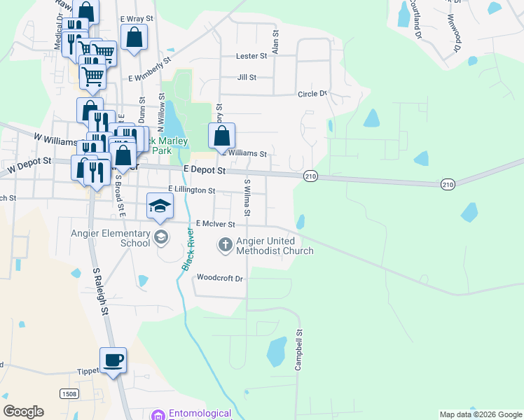 map of restaurants, bars, coffee shops, grocery stores, and more near 122 S Pleasant St in Angier