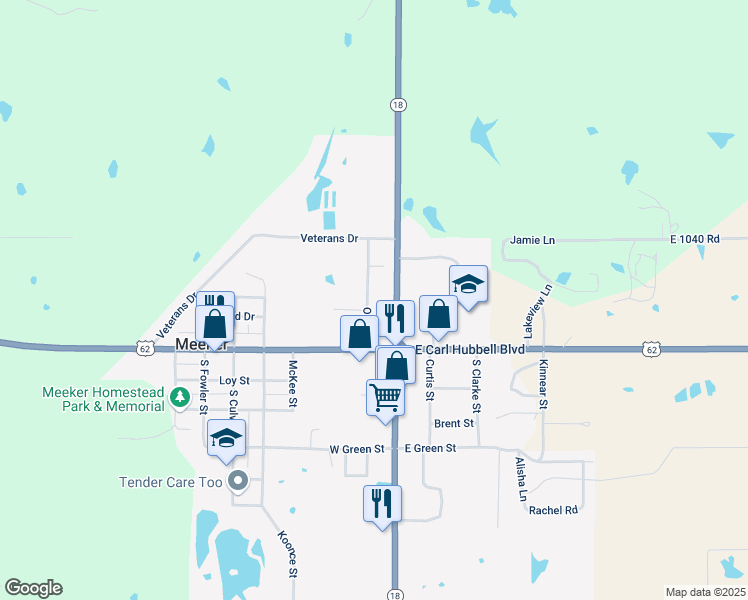 map of restaurants, bars, coffee shops, grocery stores, and more near 219 Oak Street in Meeker