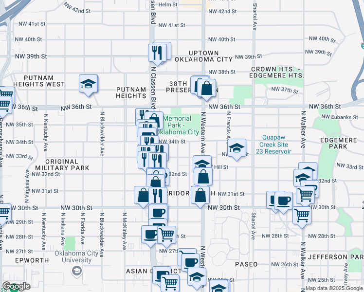 map of restaurants, bars, coffee shops, grocery stores, and more near 1132 Northwest 34th Street in Oklahoma City