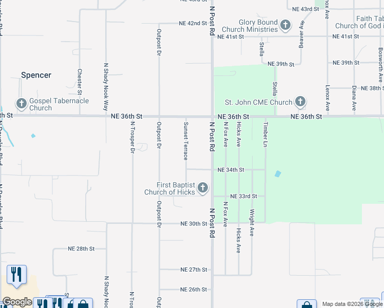 map of restaurants, bars, coffee shops, grocery stores, and more near 3510 Sunset Terrace in Spencer