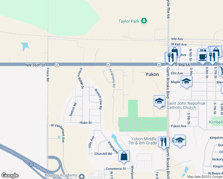 map of restaurants, bars, coffee shops, grocery stores, and more near 308 Kingsgate Road in Yukon