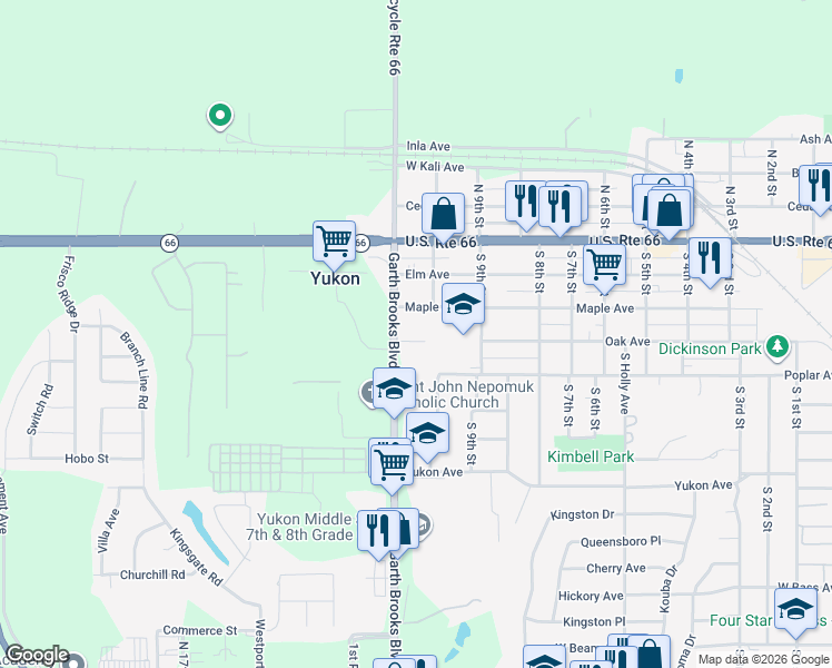 map of restaurants, bars, coffee shops, grocery stores, and more near 1023 West Oak Drive in Yukon