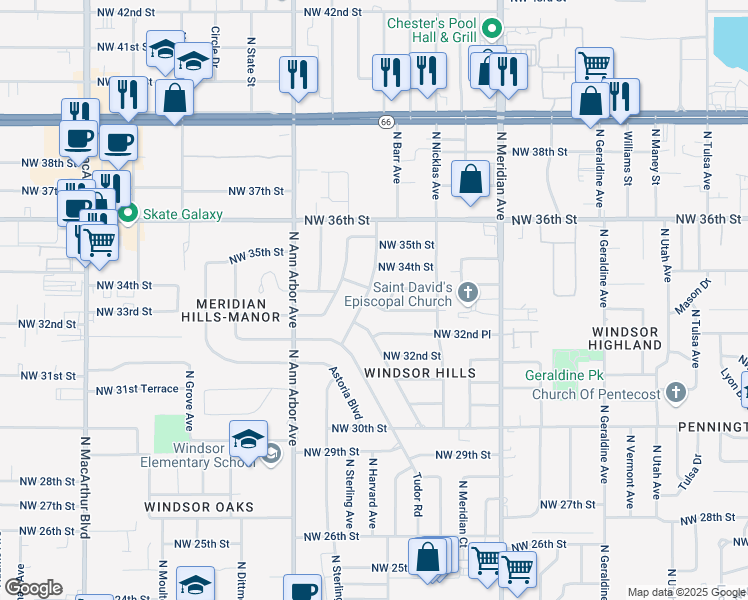 map of restaurants, bars, coffee shops, grocery stores, and more near 4641 Northwest 33rd Terrace in Oklahoma City