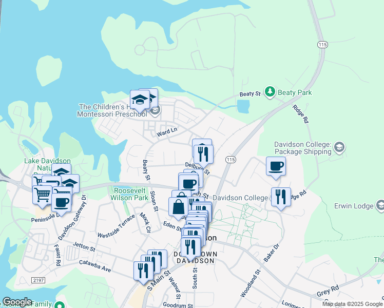 map of restaurants, bars, coffee shops, grocery stores, and more near 527 Watson Street in Davidson
