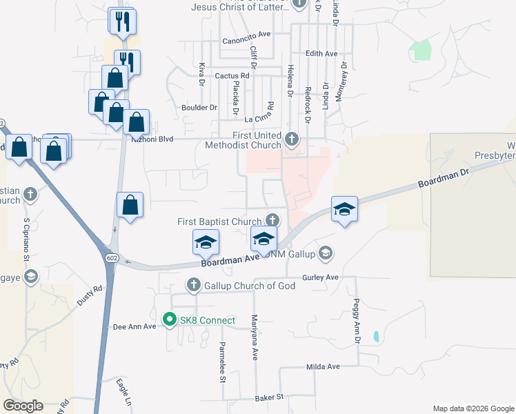 map of restaurants, bars, coffee shops, grocery stores, and more near 403 Sagebrush Avenue in Gallup