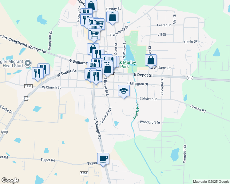 map of restaurants, bars, coffee shops, grocery stores, and more near 141 S Dunn St in Angier