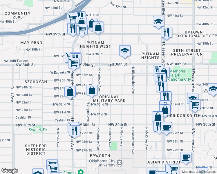 map of restaurants, bars, coffee shops, grocery stores, and more near 1732 Northwest 34th Street in Oklahoma City