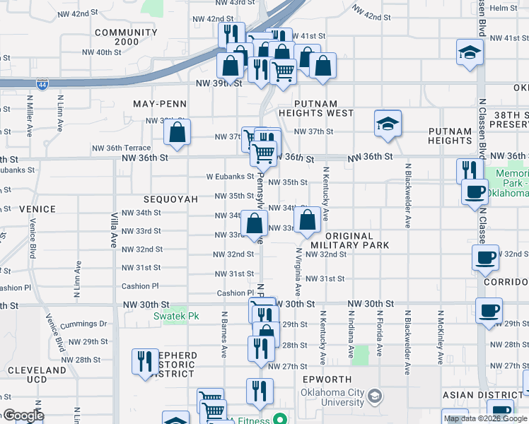 map of restaurants, bars, coffee shops, grocery stores, and more near 2105 Northwest 34th Street in Oklahoma City