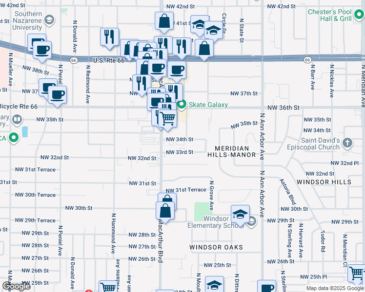 map of restaurants, bars, coffee shops, grocery stores, and more near 5800 Northwest 34th Street in Oklahoma City