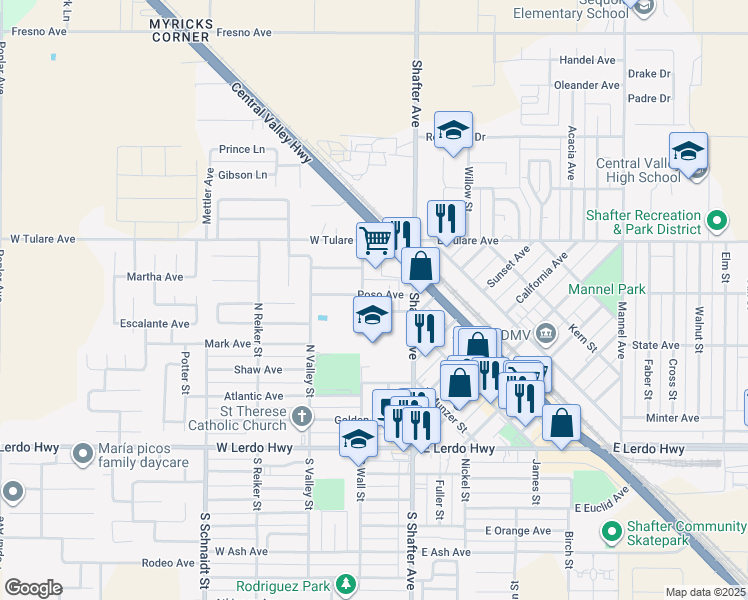 map of restaurants, bars, coffee shops, grocery stores, and more near 173 Poso Avenue in Shafter