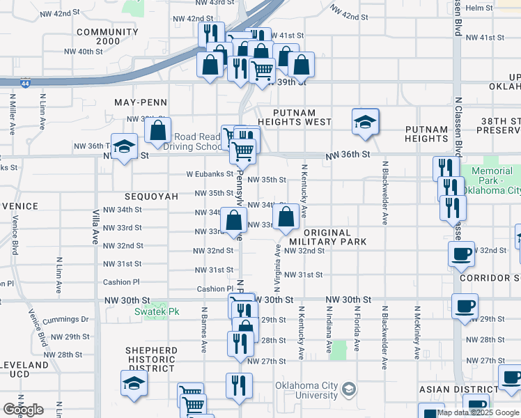 map of restaurants, bars, coffee shops, grocery stores, and more near 2018 Northwest 34th Street in Oklahoma City