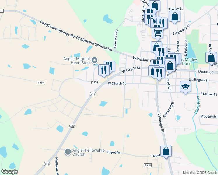 map of restaurants, bars, coffee shops, grocery stores, and more near 509 West Church Street in Angier