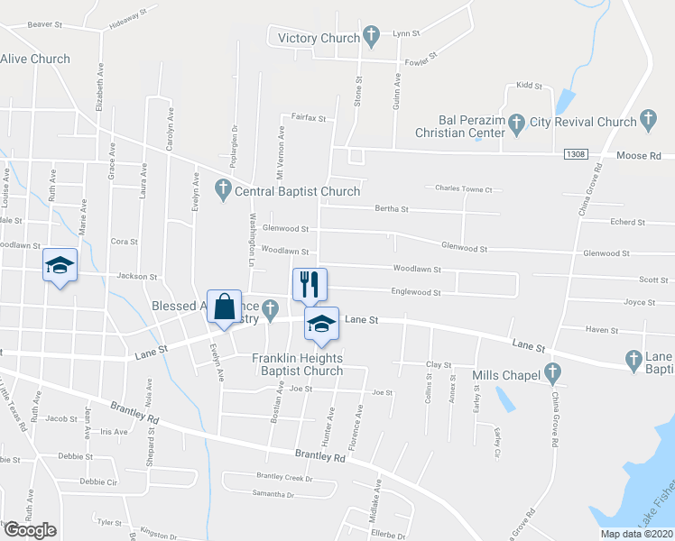 map of restaurants, bars, coffee shops, grocery stores, and more near 2104 Woodlawn Street in Kannapolis