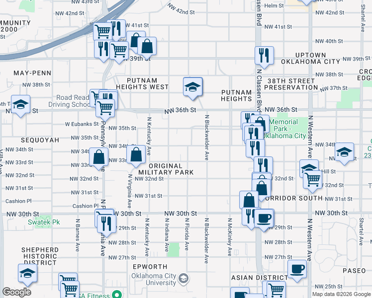 map of restaurants, bars, coffee shops, grocery stores, and more near 1700 Northwest 34th Street in Oklahoma City