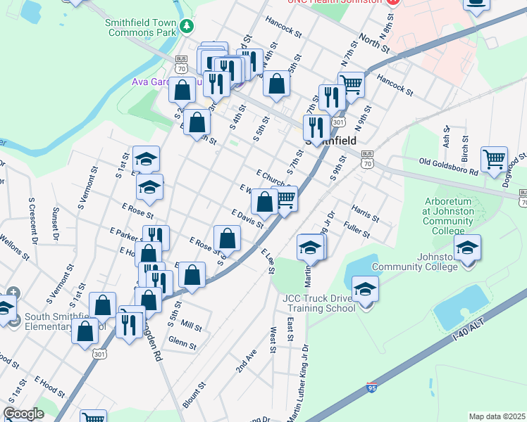 map of restaurants, bars, coffee shops, grocery stores, and more near 408 South 7th Street in Smithfield
