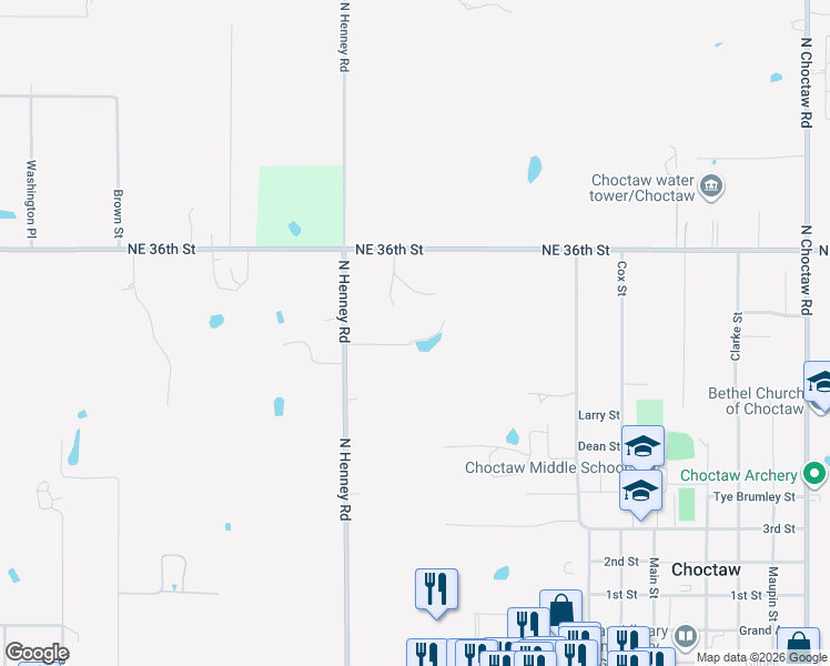 map of restaurants, bars, coffee shops, grocery stores, and more near 3315 Harper Road in Choctaw