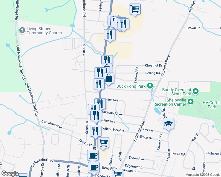 map of restaurants, bars, coffee shops, grocery stores, and more near 118 Hickory Drive in Shelbyville