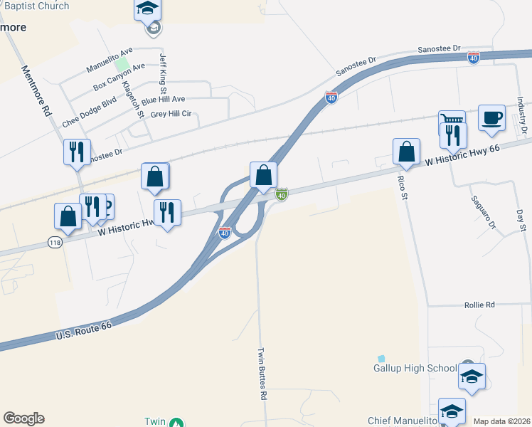 map of restaurants, bars, coffee shops, grocery stores, and more near Indian Service Route 7025 in Gallup