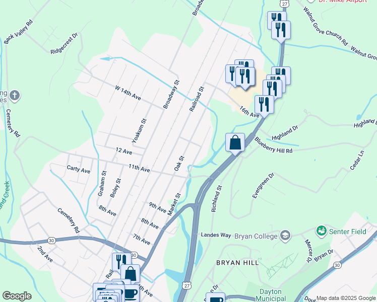 map of restaurants, bars, coffee shops, grocery stores, and more near 578 Oak Street in Dayton