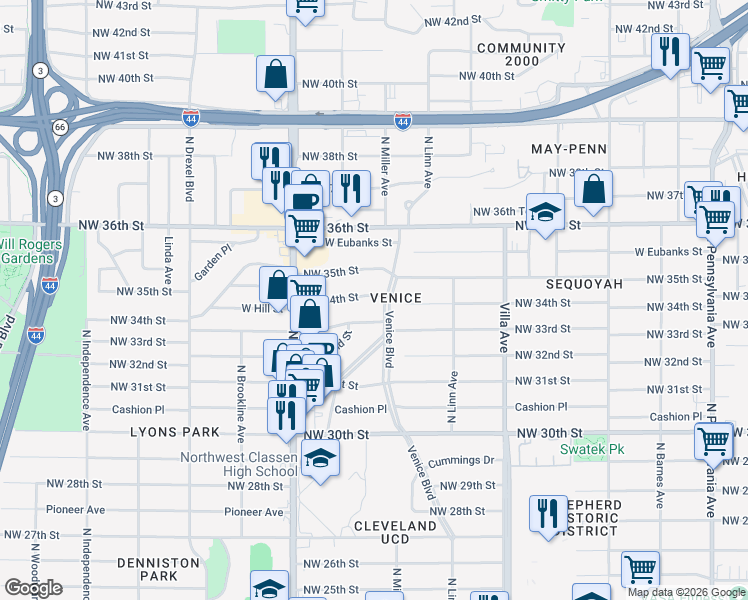 map of restaurants, bars, coffee shops, grocery stores, and more near 3416 Venice Boulevard in Oklahoma City