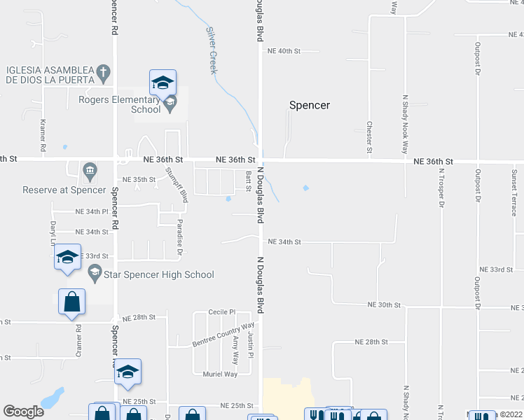 map of restaurants, bars, coffee shops, grocery stores, and more near 3522 North Douglas Boulevard in Spencer