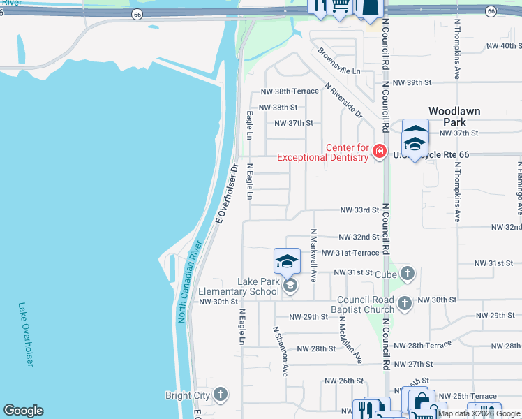 map of restaurants, bars, coffee shops, grocery stores, and more near 8324 Northwest 34th Street in Bethany