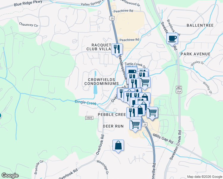 map of restaurants, bars, coffee shops, grocery stores, and more near 515 Crowfields Lane in Asheville