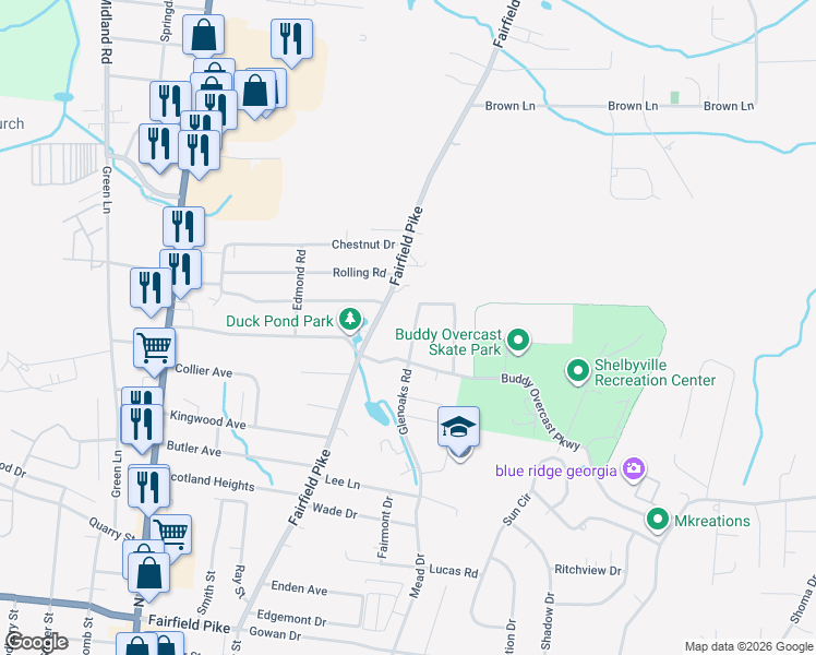 map of restaurants, bars, coffee shops, grocery stores, and more near 1307 Glenoaks Road in Shelbyville