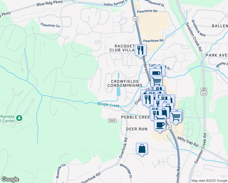 map of restaurants, bars, coffee shops, grocery stores, and more near 418 Crowfields Drive in Asheville